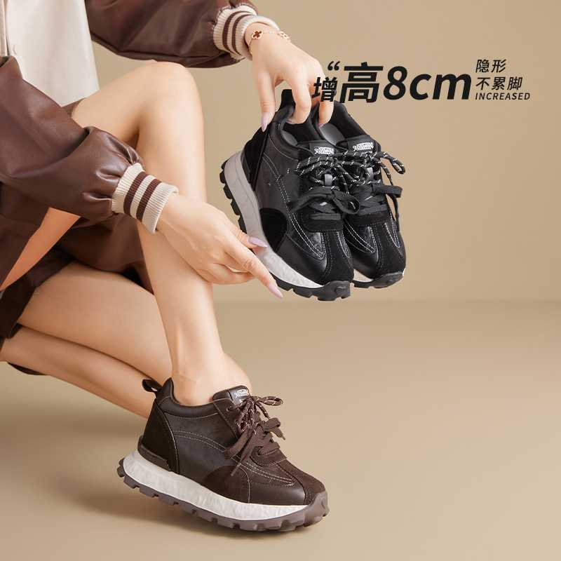 8CM内增高复古德训鞋女款真皮厚底超轻便不累脚鞋子休闲运动女鞋