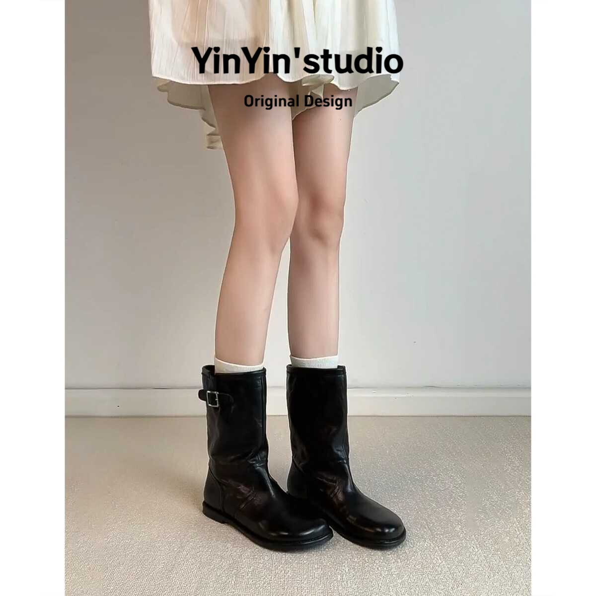 羊皮版~休闲复古平底短靴女简约皮带扣直筒中筒骑士靴马丁靴