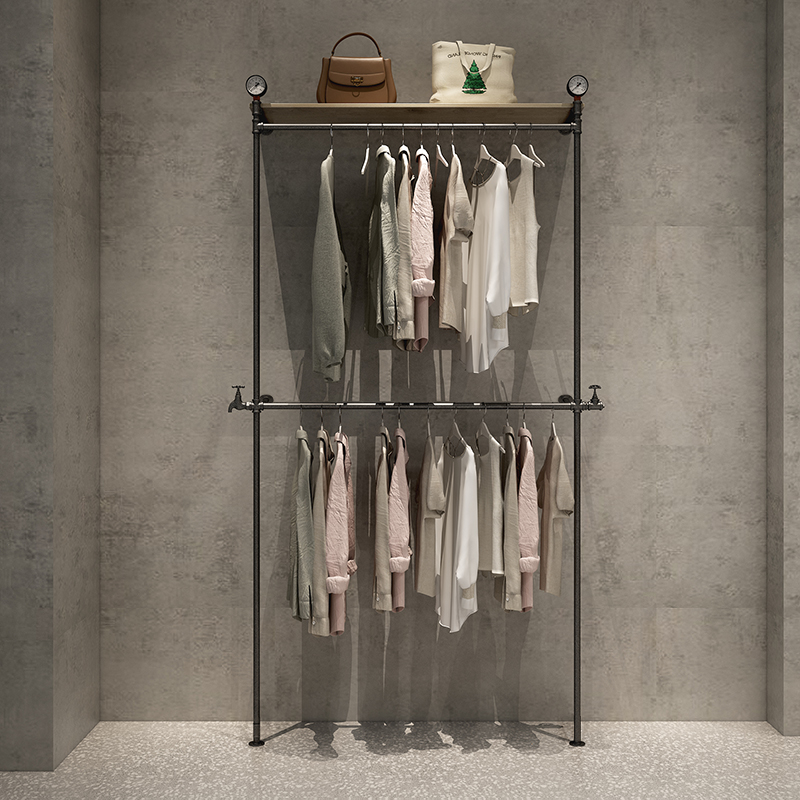 服装店双层展示架衣服陈列架挂衣架落地式侧挂衣架子西装西服货架