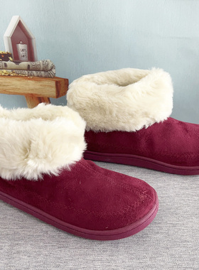 35码36脚踩着能穿女棉鞋居家鞋酒红色翻领毛毛鞋加绒冬季软底不塌