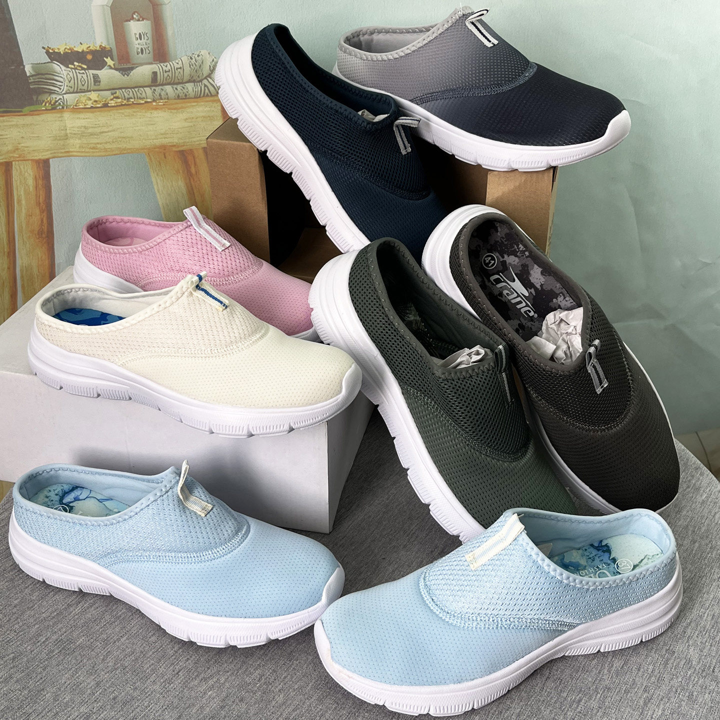 外贸大码男女透气网面一脚蹬轻便包头半拖鞋舒适运动拖鞋休闲懒人