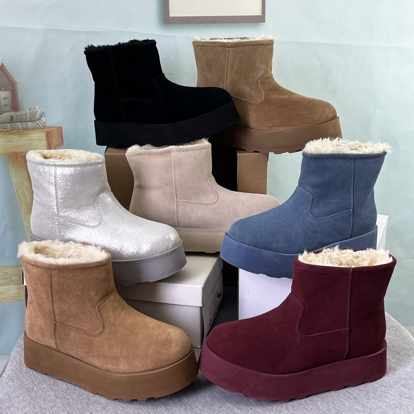 外贸真皮雪地靴女厚底大码短靴子