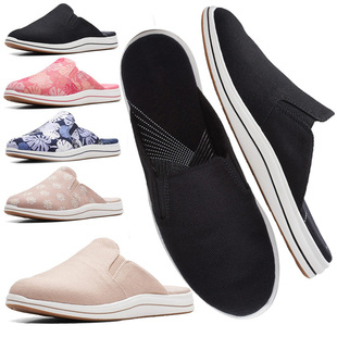 女包头半拖平底记忆垫软底布面外穿休闲懒人鞋 大码 拖鞋 欧美穆勒鞋