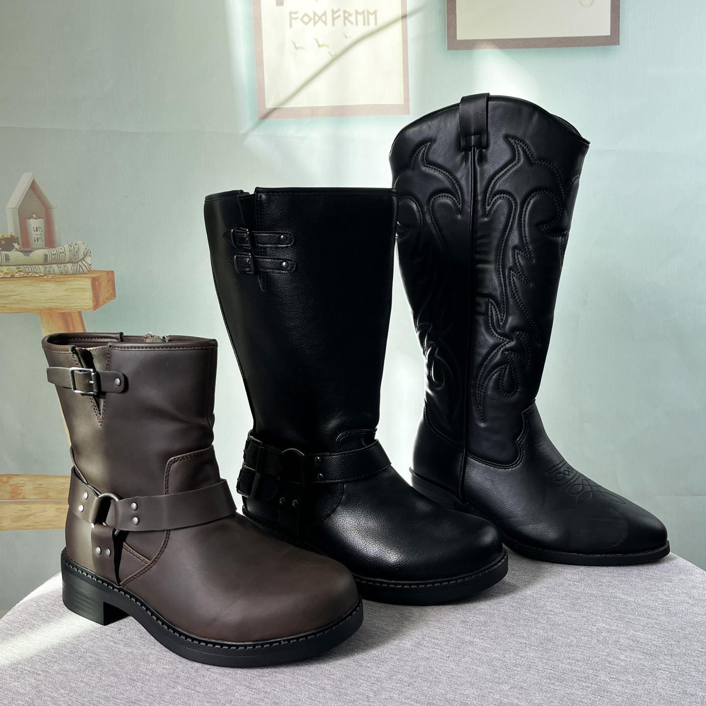 欧美外贸靴子宽筒大码女靴粗腿加肥加宽中筒靴侧拉链圆头马蹄跟靴