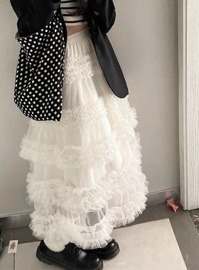 甜美白色蓬蓬网纱裙女2025春夏新款多层木耳边超仙蛋糕半身裙