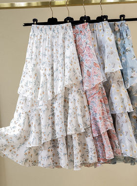 新款百搭a字ins超仙蛋糕裙女2023年夏季碎花不规则荷叶边半身裙子