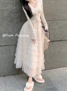 白色长款网纱蓬蓬蛋糕裙高腰a字冬裙半身裙女春夏法式赫本风半裙