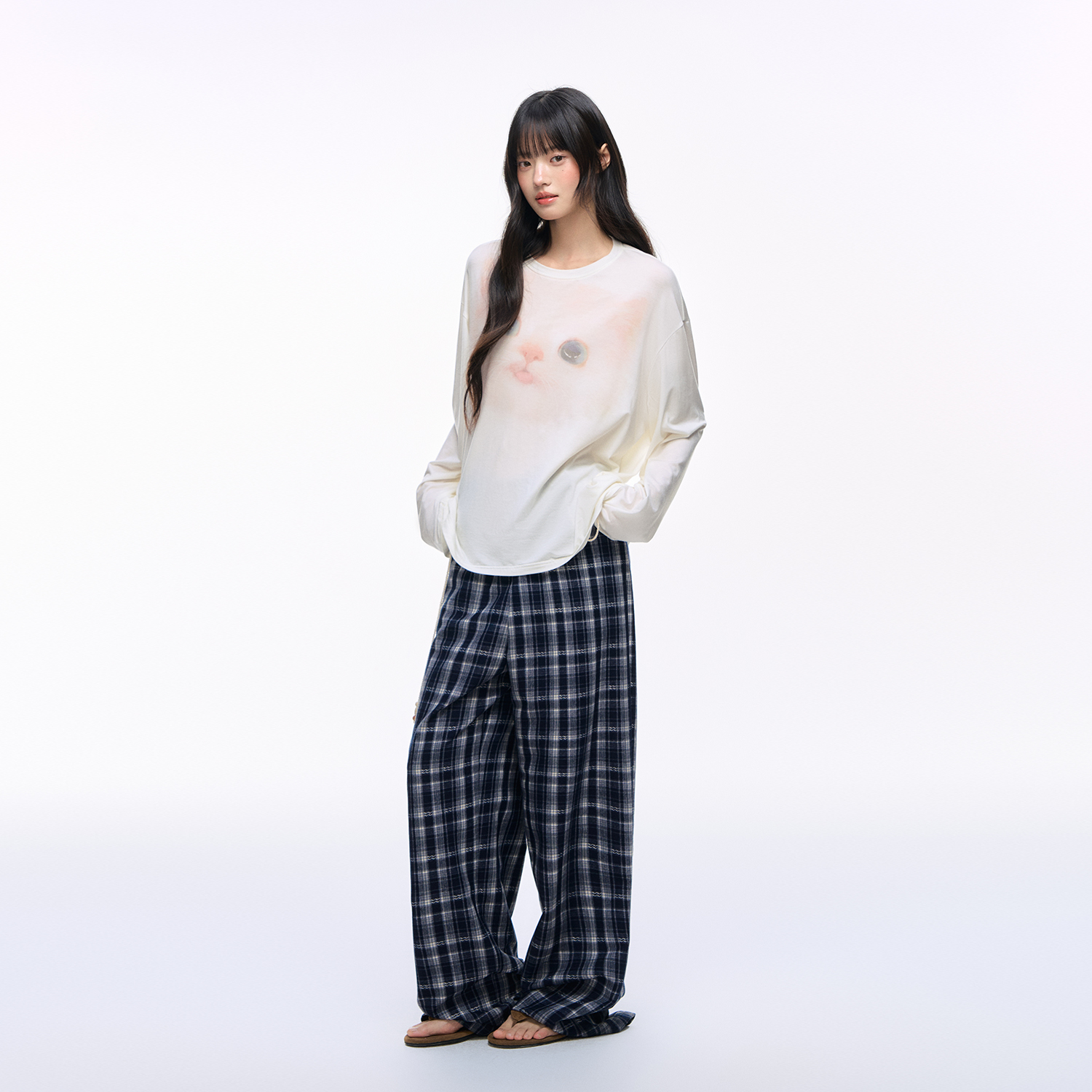 NS76 莱赛尔长袖凉感薄款T恤女宽松休闲显瘦可爱小猫咪印花罩衫女