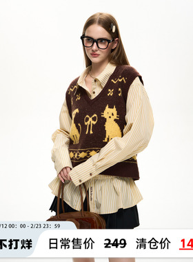 NS76秋新款撞色猫狗宠物图案V领羊毛背心针织马甲宽松女无袖上衣