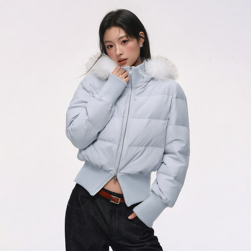 可拆卸毛领收腰保暖短款羽绒服