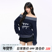 美式 NS76秋季 新款 复古辣妹一字肩宽松字母斜肩毛衣女宽松显瘦上衣