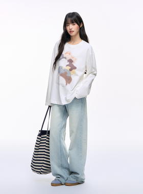 NS76 秋季可爱叠叠乐小狗图案印花宽松显瘦休闲纯棉长袖T恤女上衣