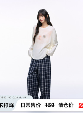 NS76 莱赛尔长袖凉感薄款T恤女宽松休闲显瘦可爱小猫咪印花罩衫女