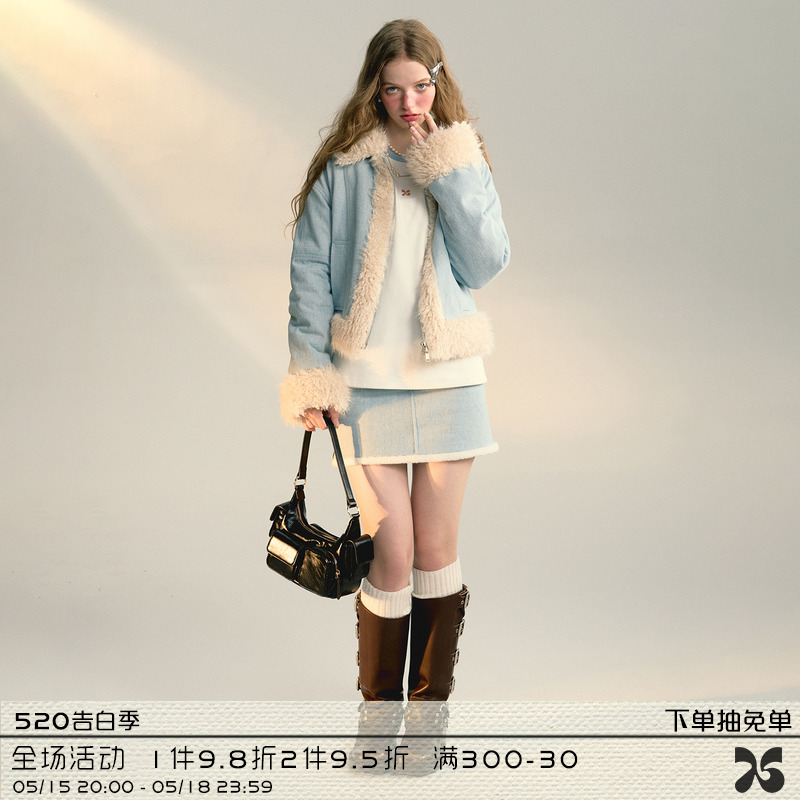 NS76设计感牛仔羊羔毛领短款夹棉加厚棉服外套包臀短裙加绒两件套