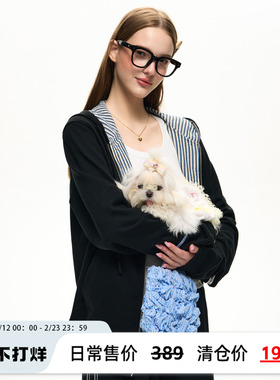 NS76秋冬季新款毛圈卫衣条纹衬布拼接宽松连帽刺绣卫衣女上衣外套