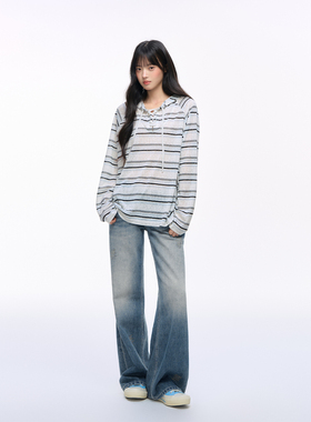 NS76 秋季新款条纹连帽针织薄款长袖防晒罩衫宽松女上衣轻薄T恤