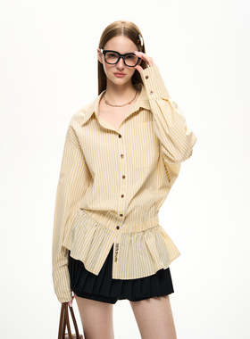 NS76秋季新款撞色明线长袖条纹收腰显瘦翻领刺绣宽松中长款衬衫女