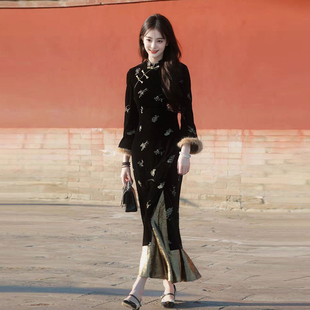 新中式 高级感气质连衣裙秋 国风丝绒改良旗袍高端大气上档次年轻款