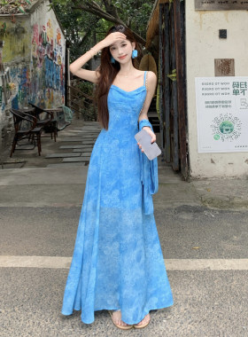 海边度假风蓝色吊带连衣裙女长裙