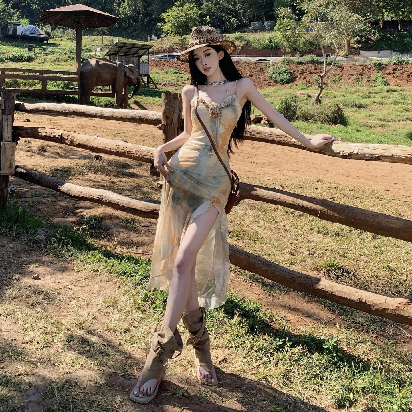 西北川西旅游不规则吊带连衣裙女