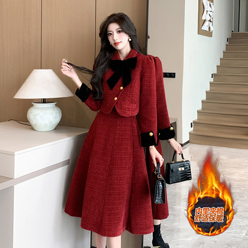 新年红色小香风套装裙秋冬两件套