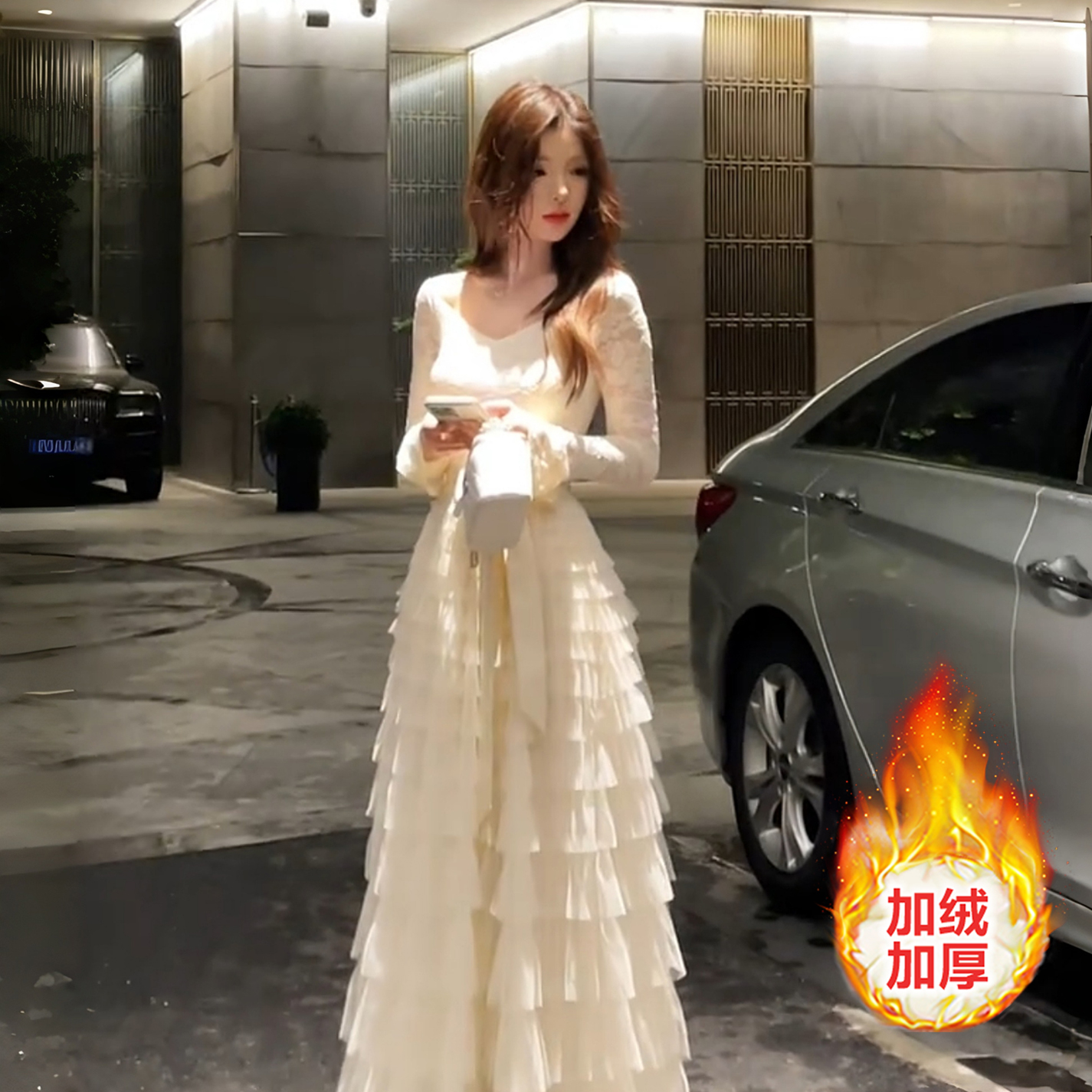 法式加绒蕾丝白色蛋糕裙连衣裙女