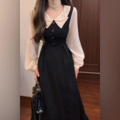 法式气质巨好看假两件黑色连衣裙