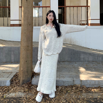 韩系宽松毛衣鱼尾半身裙两件套装