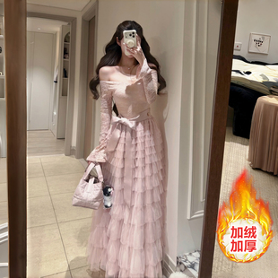 江浙沪千金穿搭秋冬季 超好看加绒蕾丝连衣裙蓬蓬蛋糕裙长裙子 法式
