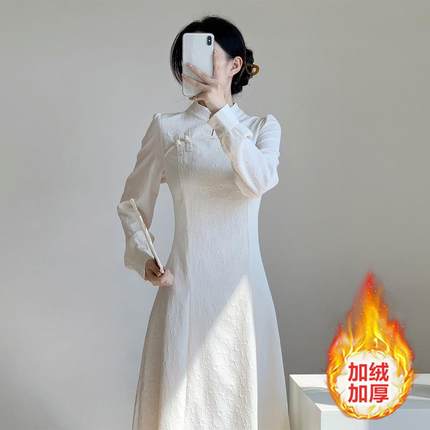 旗袍女新中式秋冬天配大衣的仙女裙子独特绝美加绒加厚内搭连衣裙