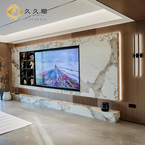 客厅极简潘多拉岩板悬空电视墙