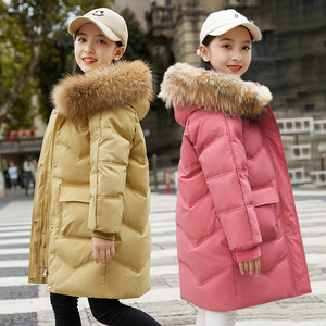 巴拉中长款儿童羽绒服女童纯色连帽2023新品冬季童装洋气加厚外套