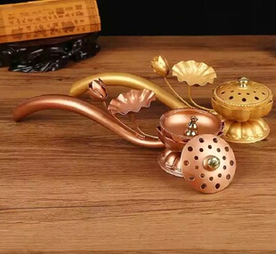莲花手炉寺庙佛堂家居手炉香薰炉剃度手握长柄檀香炉珍珠金色佛具