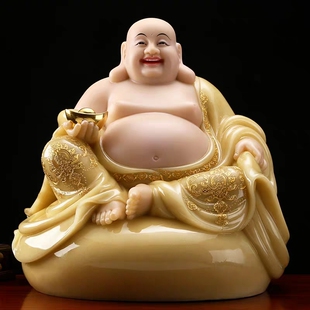 莲慈妙莊大肚弥勒佛黄玉镶金布袋和尚笑口佛寺庙家居16寸莲花座