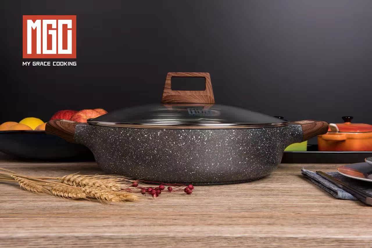玛极科MGC麦饭石花岗岩深煎浅汤欧式黑色平底锅不粘不挑灶具24