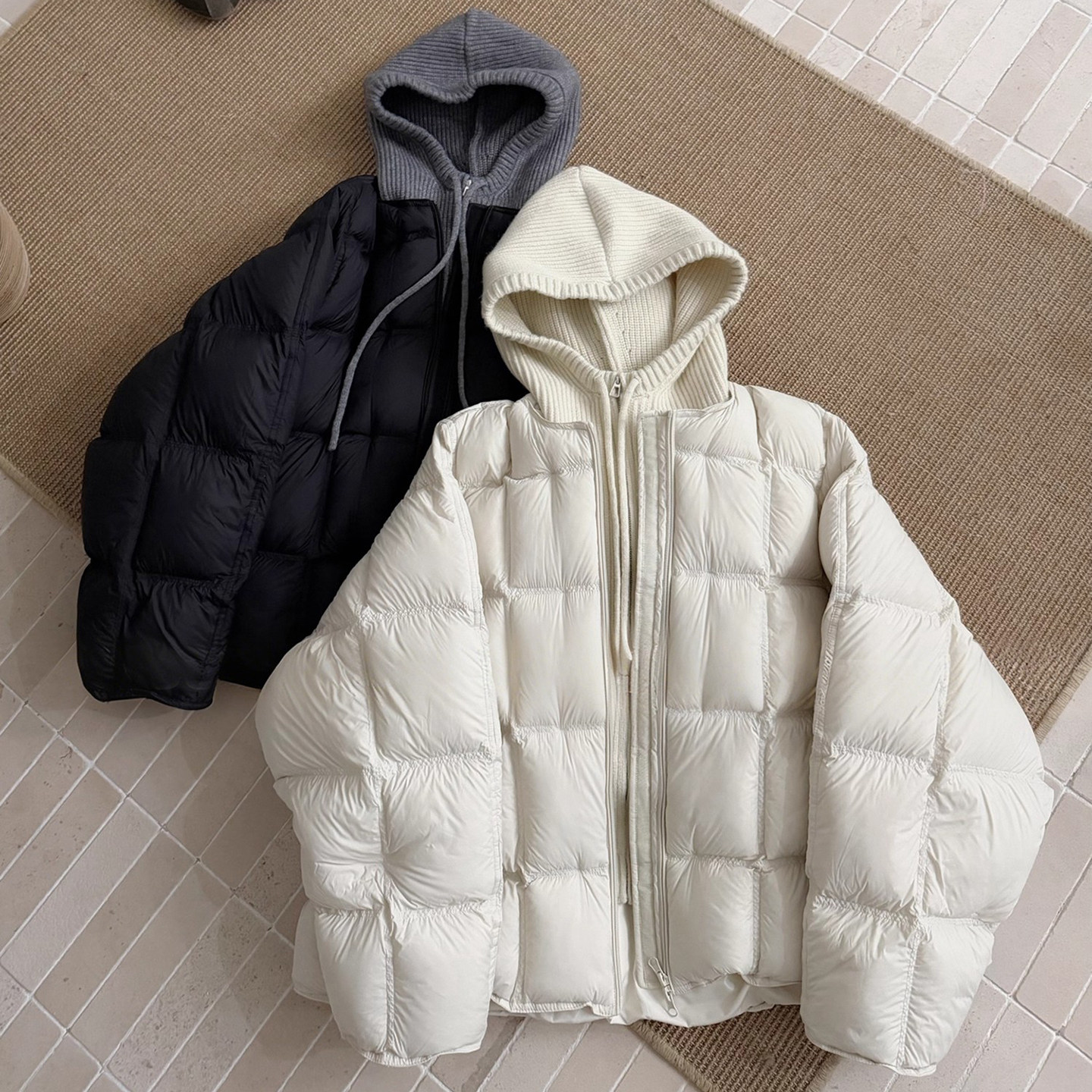 针织连帽泡芙羽绒服女韩版2025新款设计感假两件宽松保暖加厚外套