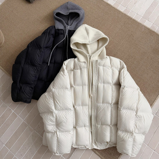 针织连帽泡芙羽绒服女韩版2025新款设计感假两件宽松保暖加厚外套