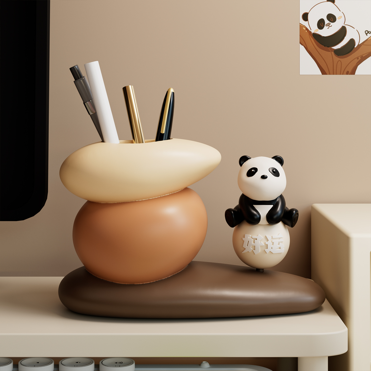 文创熊猫时来运转笔筒摆件轻奢高级感办公室桌面装饰品创意礼物