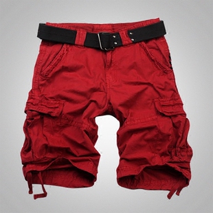 潮夏季 休闲中裤 宽松直筒工装 多口袋五分裤 男式 红色大码 短裤