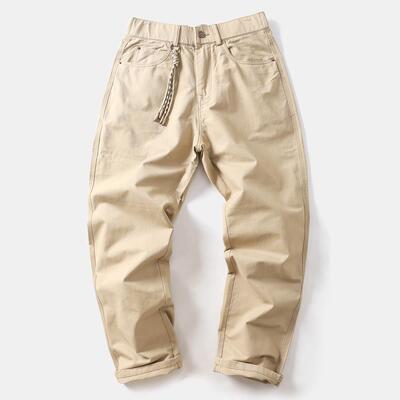 重磅纯棉梭织直筒宽松休闲长裤子户外松紧腰工装裤百搭简约卡其潮