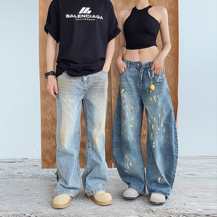 upmd2025夏季新款泼墨漆点做旧高街美式直筒镰刀裤男女直筒牛仔裤