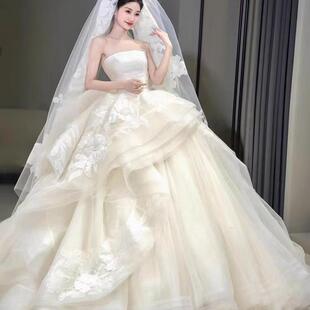 法式抹胸主婚纱2025新款新娘重工奢华高级质感大拖尾出门纱简约冬