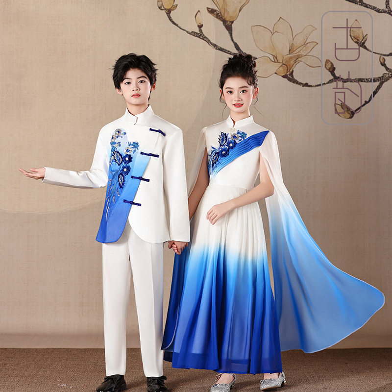 渐变儿童古筝演出服少儿国风朗诵大合唱服男女童飘逸披风舞台礼服