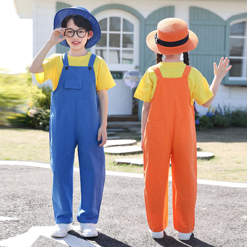 儿童彩色背带裤演出服多巴胺糖果色幼儿园舞蹈服小学生运动会套装