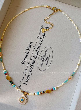 波西米亚贝母太阳花串珠项链气质时尚轻奢小米珠天然石锁骨链颈链