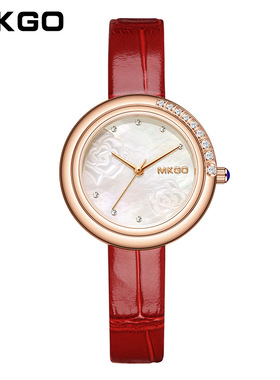 正品新款MKGO热卖红色皮带小表盘女士手表镶钻轻奢黑带装饰女表