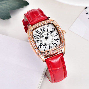 【新款】方形阿拉伯数字女士夜光防水手表红色皮带女学生方形皮表