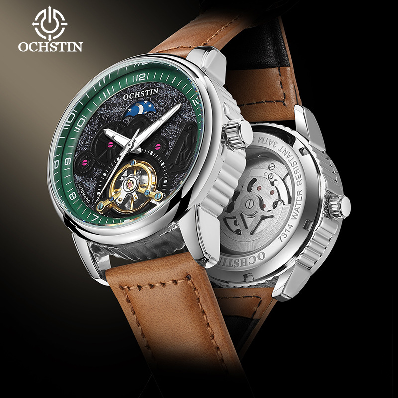 正品新款OCHSTIN黑色男士全自动机械手表镂空月相陀飞轮夜光表