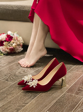 YA-A9中式红色婚鞋新娘鞋女秀禾敬酒服不累脚粗跟大码加肥高跟鞋
