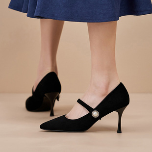 珍珠一字带高跟鞋女气质名媛小码313233真皮低跟单鞋女大码41一43